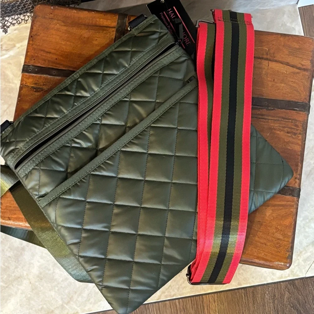 HAUTE SHORE Green Quilted Messenger Bag with Red and Black Strap - Picture 9 of 9